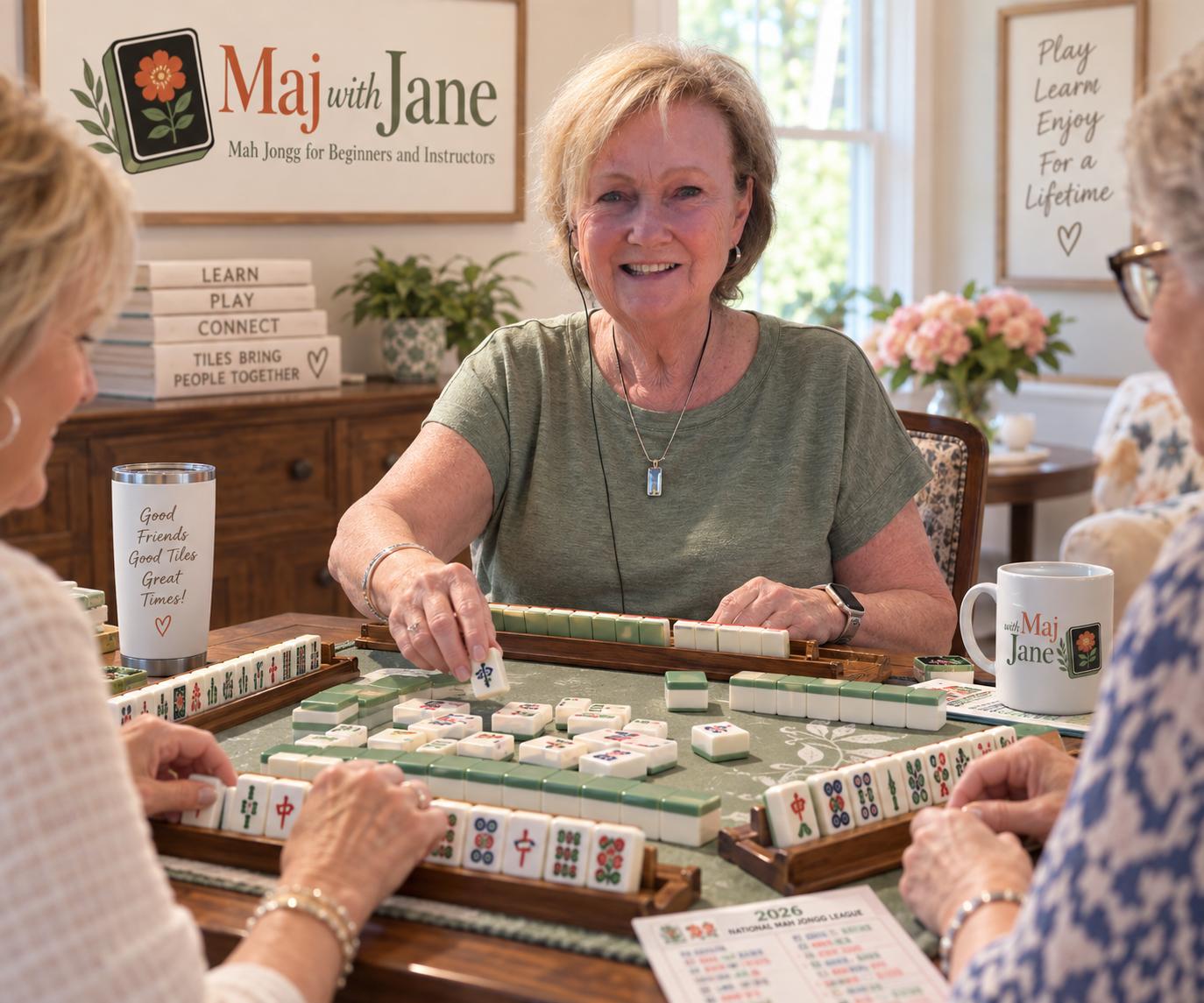 Jane playing Mah Jongg with a group of friends